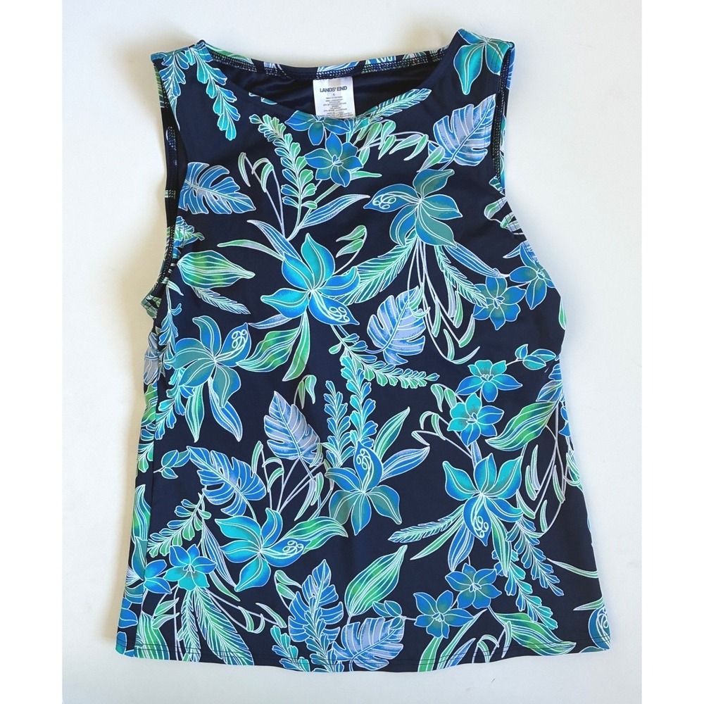 Lands End Womens Navy Blue Tropical Floral High Neck Tankini Swim Top Size 4